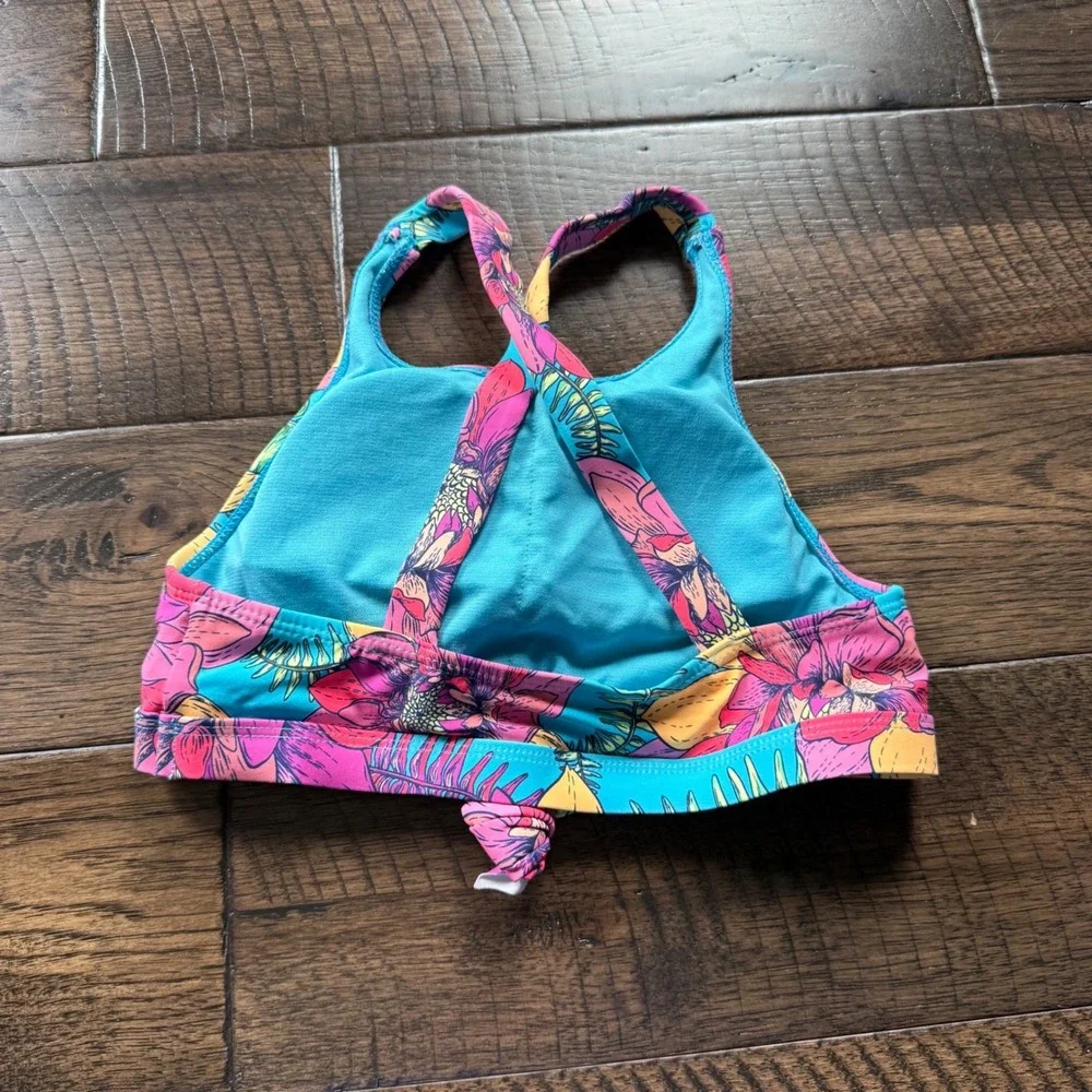Beach Lingo Girls Tropical Floral High Neck Crossback Bikini Top Teal Pink Sz 12